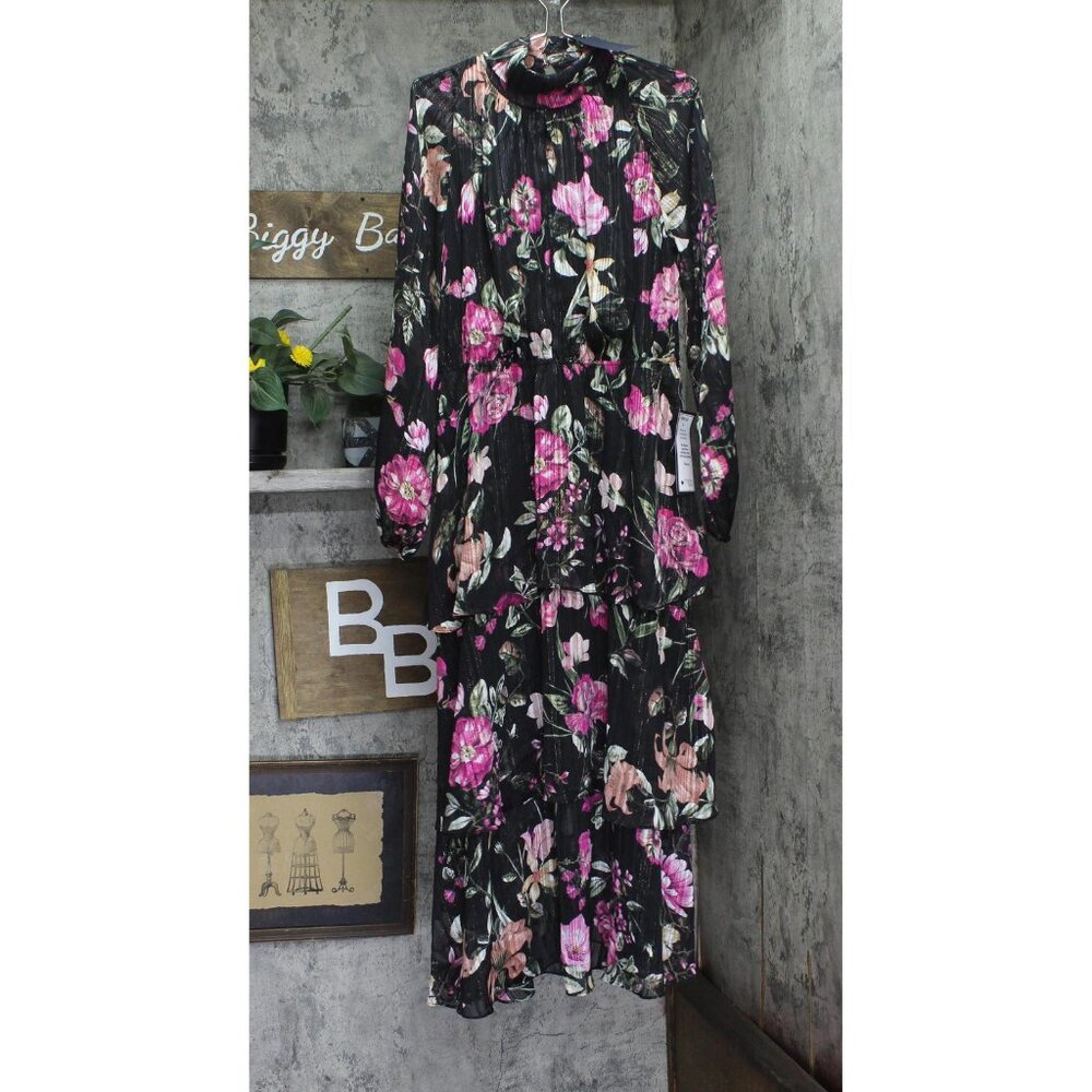 NEW RACHEL by Rachel Roy Mae Printed Tiered Maxi Dress Cascade Garden Black 12